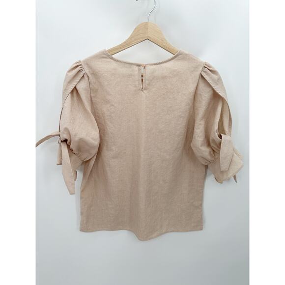 Olive Des Olive Top Women SIZE L Cream Short Sleeve Tie Cuff Keyhole Button Back - Picture 2 of 8